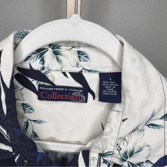 Roundtree & Yorke Silk Blend short sleeve button down shirt Blue Cream L - Picture 3 of 5